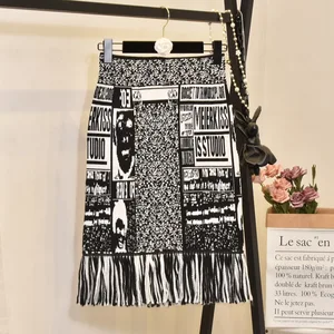 Юбка-карандаш Женская, осенняя, вязаная, с мультяшным принтом, бахромой и вышивкой, LS150