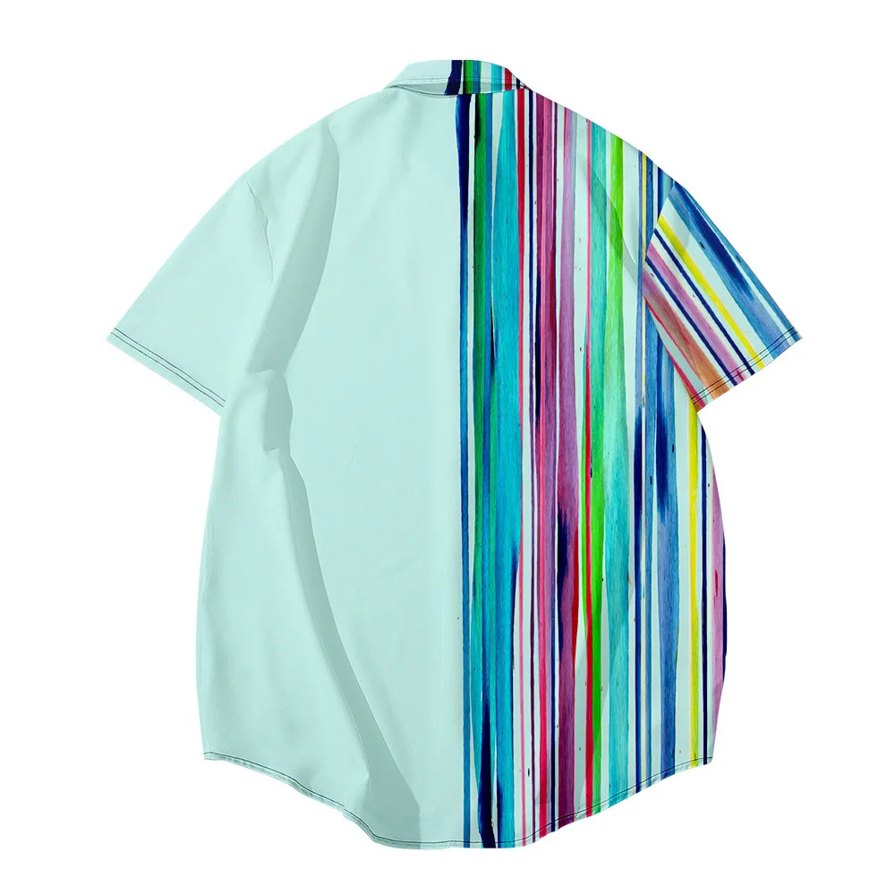 Bebovizi Fashion Patchwork Striped Print Short Sleeved Pink Shirt Summer Men Loose Hawaiian Shirt Camisas Top Clothing
