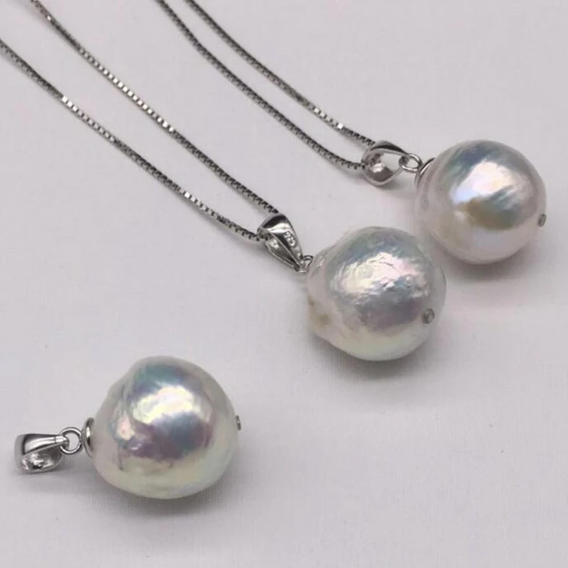 

13-14mm White Baroque Pearl Pendant Silver Necklace 18 inches Wedding Jewelry Accessories Diy Cultured Flawless