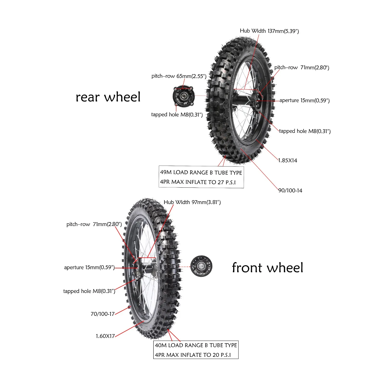 

15mm Axle Front 70x100-17+ Rear 90x100-14 Wheel Rim Tyres Tire 1.85*14 For Dirt Bike/Pit Bike 160cc CRF70 110 TTR100