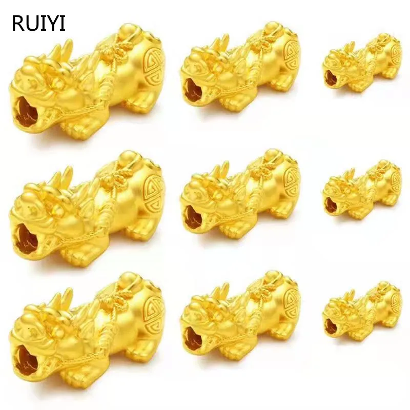 

RUIYI Real 24K Yellow Gold Pendant 999 Pure Gold Pixiu Transfer Beads Bracelet Fine Jewelry Gift