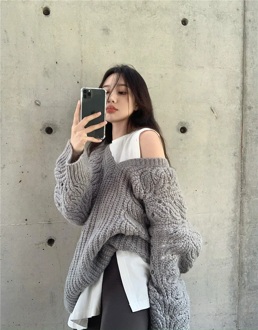 

Женский пуловер с V-образным вырезом, утепленный длинный трикотажный пуловер, свободные вязаные топы с длинным рукавом, осень 2020