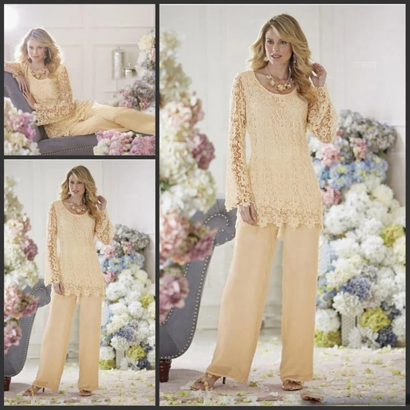 

Mother of the Bride Dresses Pant Suits 2017 Hot Custom Made Vintage Formal Capped with Long Sleeves Chiffon Lace Dresses for Wed