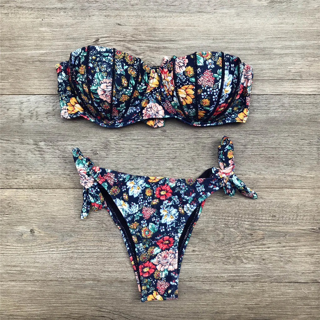 

Women bikini swimsuit 2021 Sexy Bandage Floral Print Breast Pad sexy Swimwear Split Bathing suit Swimsuit maillot de bain femme