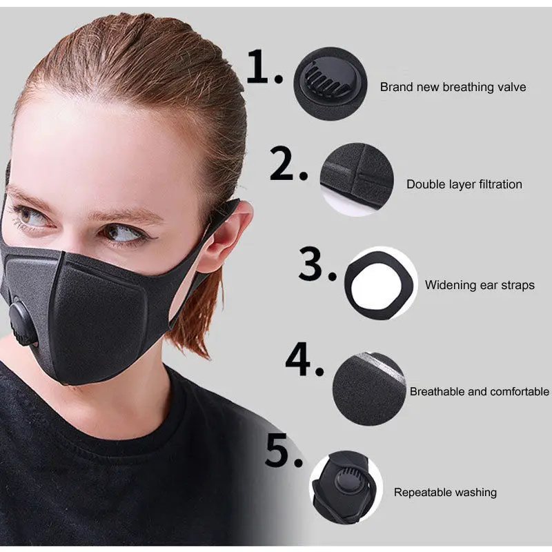 

Face Mask Respirator Dust Mask Anti Air Pollution PM2.5 Filter Breath Valve Washable Reusable Mouth Facial Masks Unisex