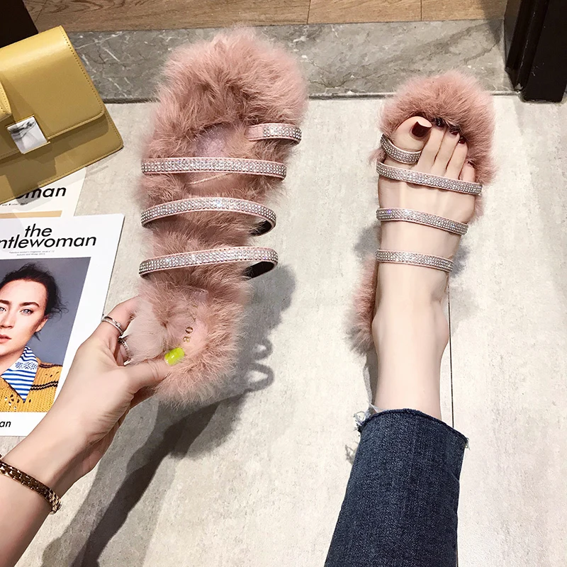 2019 Fashion Rhinestone Women Indoor Slippers Warm Fur Home Floor Bedroom Shoes Soft Sole Non-Slip Female Cotton | Обувь