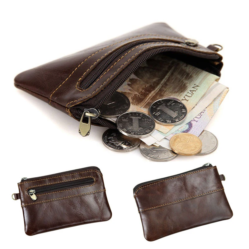 30PCS / LOT Zipper Coin Genuine Leather Men Coin Key Wallet Female Women Card Bag Vintage Retro Short Mini Purses