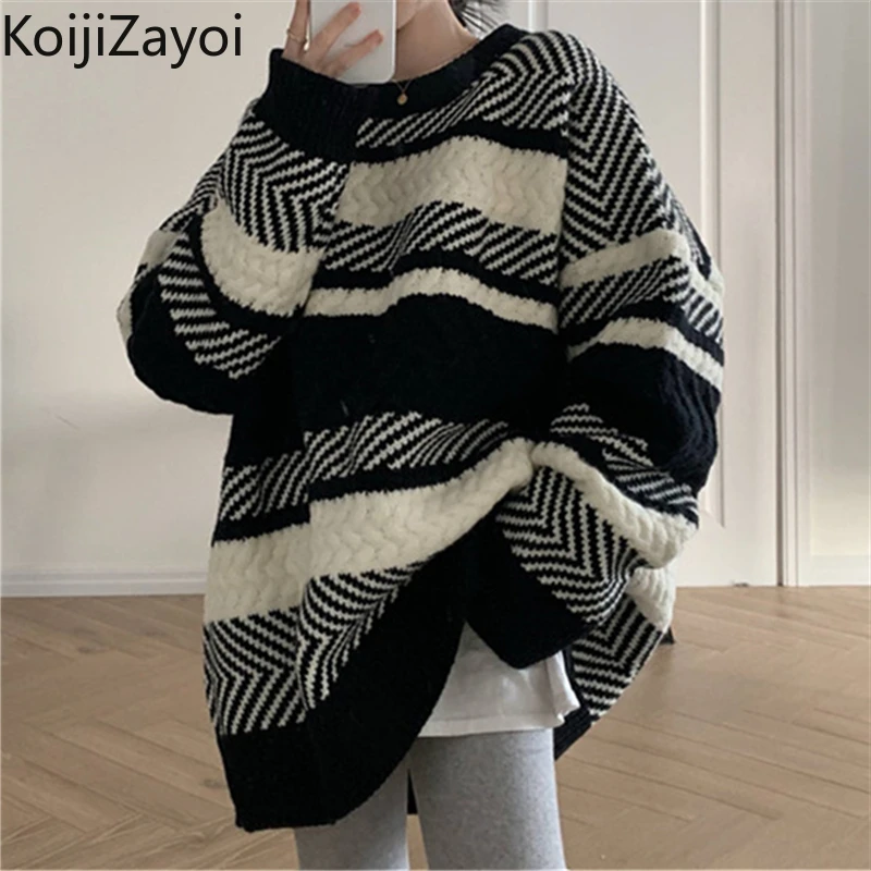 

Koijizayoi Pullovers Women Oversized Ulzzang BF Striped Knitted Sweater Long Sleeve Female New Winter Thicken Jumper Streetwear