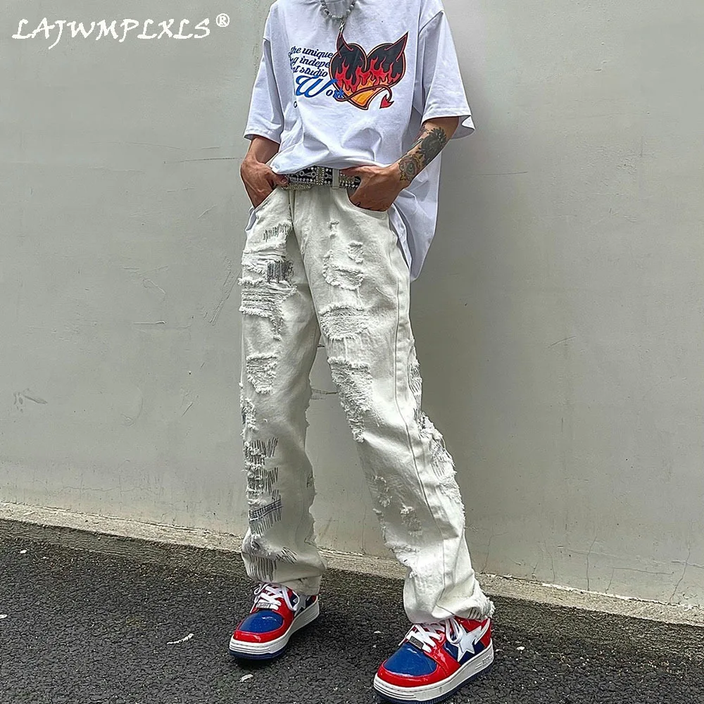 

Mens High Street Denim Jean Pants New Casual Loose Ripped Holes Straight Zipper White Jeans Trousers Hip Hop Streetwear Joggers