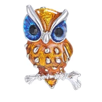 owl bird animal brooch pins cute yellow small rhinestone brooch blue eyes branch women party wedding jewelry accessories gifts