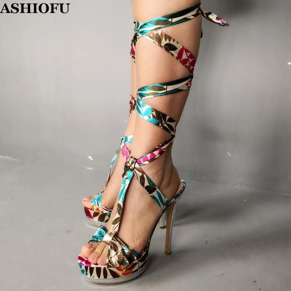 

ASHIOFU Hot Sale Ladies High Heel Platform Sandals Multicolored Leather Sexy Night-club Party Shoes Dress Evening Fashion Shoes