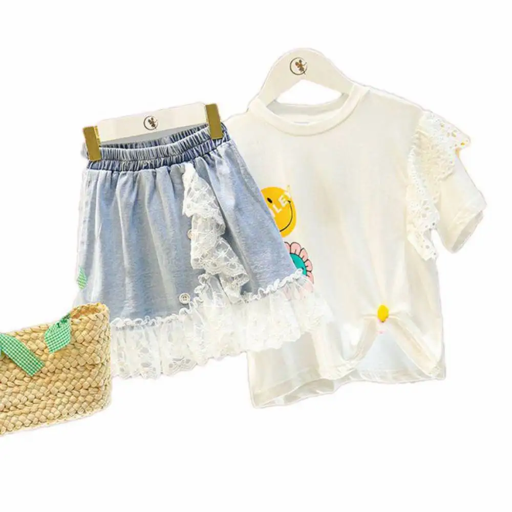 

Летняя одежда для девочек; Платье с героями мультфильмов, с буфами на рукавах; Футболка; Топ + кружевные джинсовые брюки широкого покроя с юбка От 3 до 7 лет