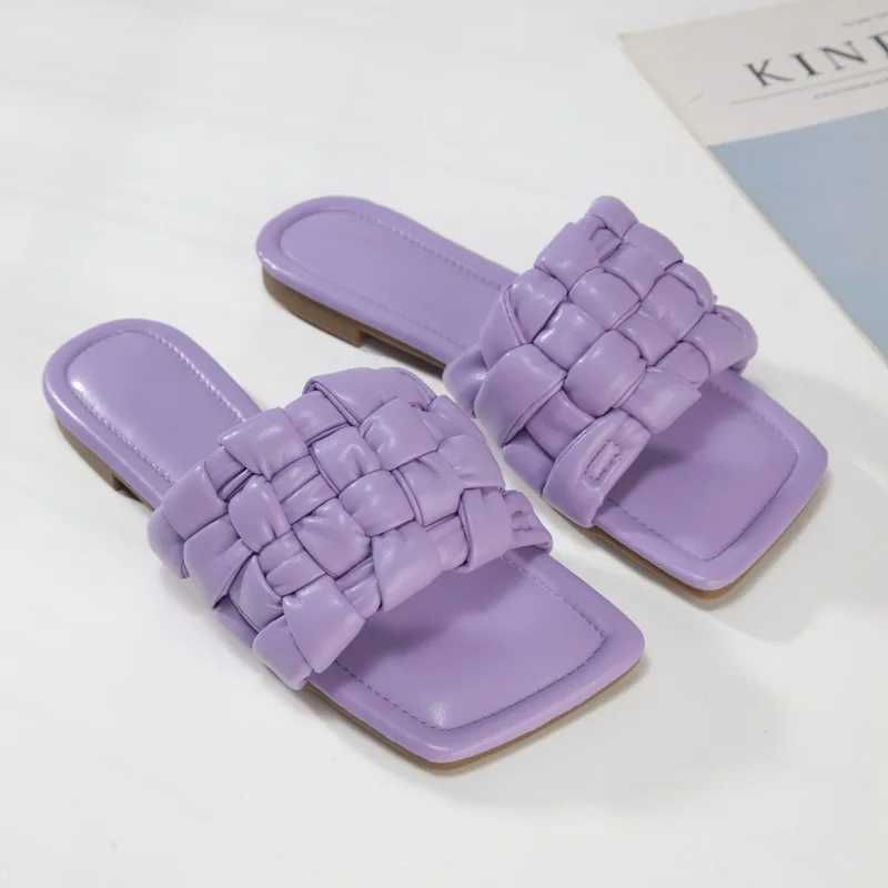 

2021 New Summer Woven Slippers Women Slip on Slides Fashion Square Toe Heel Casual Flip Flops Beach Slippers Slide Sandals