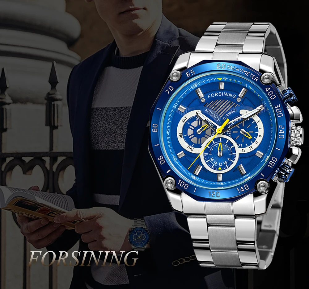 

Часы наручные Forsining Мужские автоматические, многофункциональные механические роскошные со стальным браслетом, три глаза, шесть игл, Прямая ...