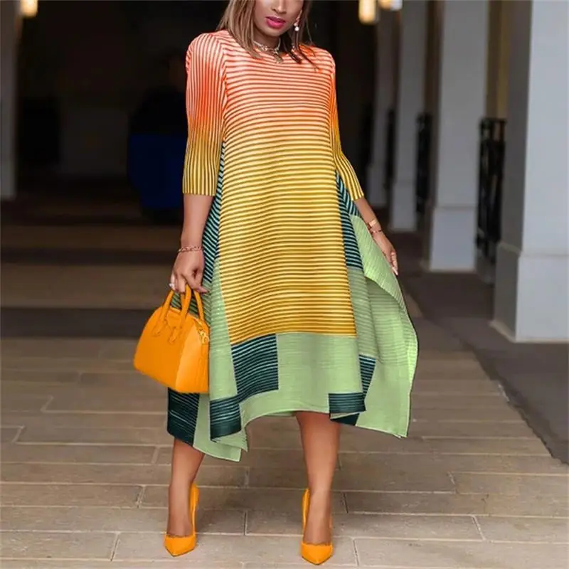 

Summer Striped Asymmetrical Midi Dress Casual African Style Short Sleeve Fashion Dresses Robe Office Party Vestiods