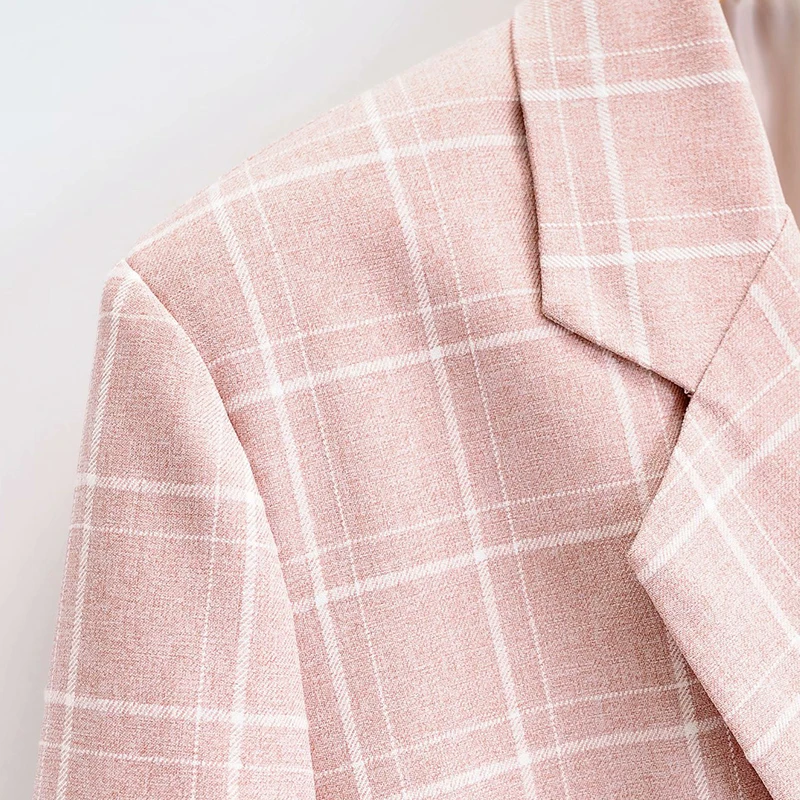 

SWEETKAMA2020 Autumn Elegant Plaid Blazer Women Casual Long Sleeve Female Double-breasted Pink Suit Outwear Coat