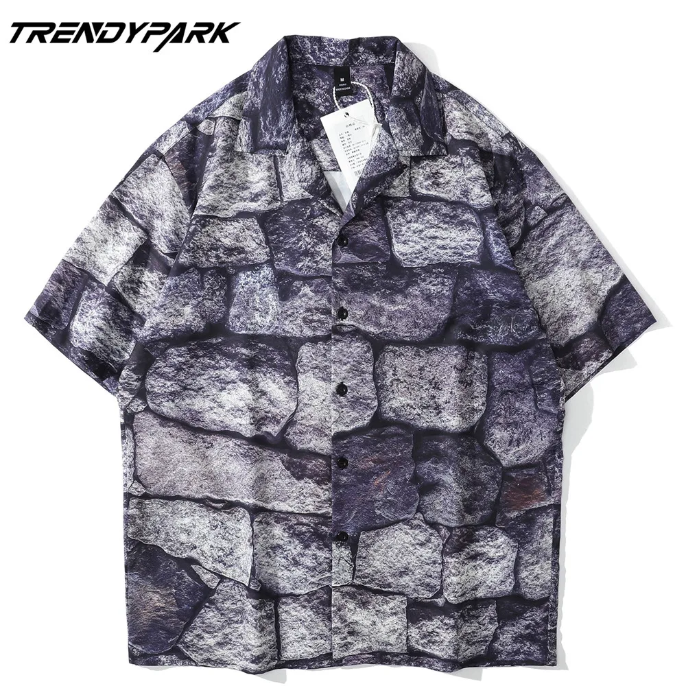 

Men's Shirt Summer Short Sleeve Printed Blouse Hip Hop Oversized Casual Harajuku Streetwear Single-breasted Collar Tops Shirts