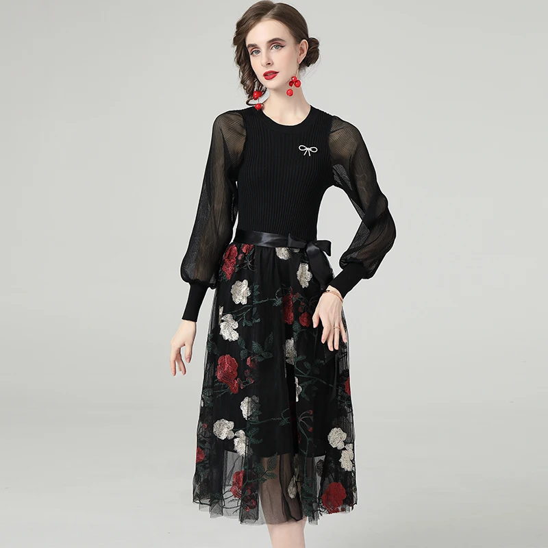 

Женское трикотажное платье-свитер с вышивкой, черное Сетчатое платье составного кроя с цветочной вышивкой, вечернее платье из тюля, весна-л...
