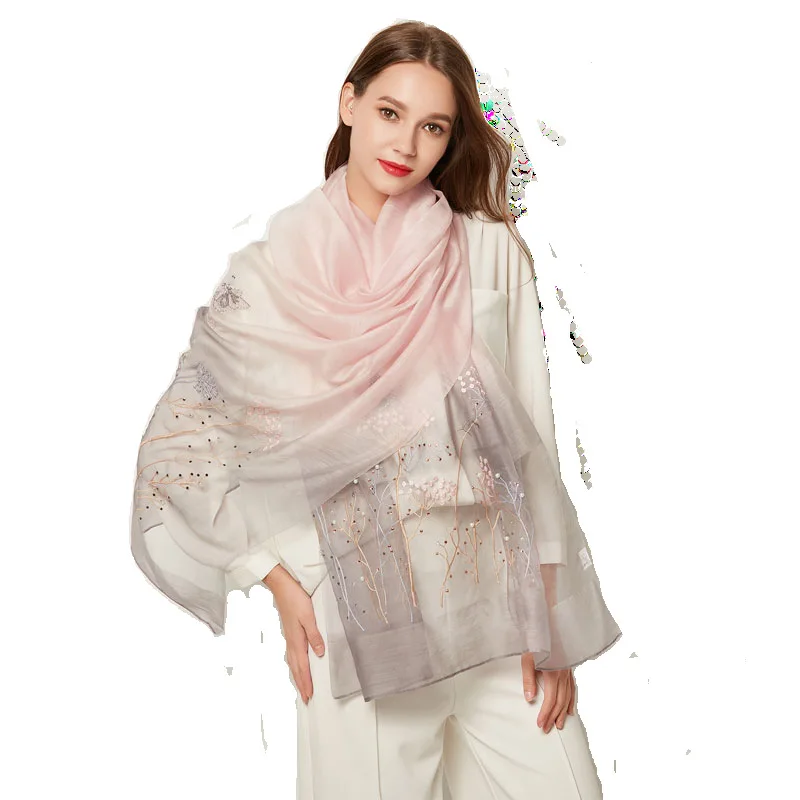 

High-end mulberry silk scarves women's silk wool scarf embroidery shawls all-match in spring, autumn and summer