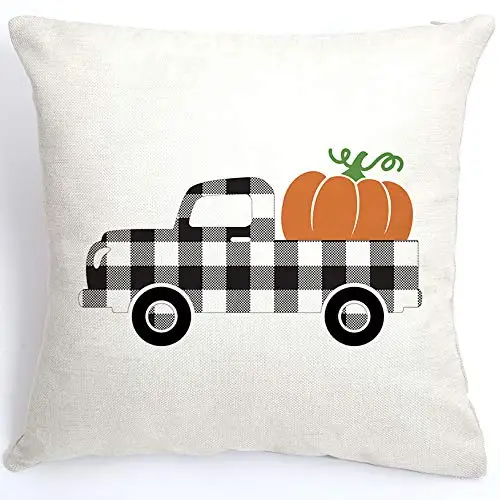 

Fall Decor Plaid Truck with Pumpkin Throw Pillow Cover Autumn Decor Buffalo Chcek Pumpkins Pillow Cuhion Cover Case for Couch
