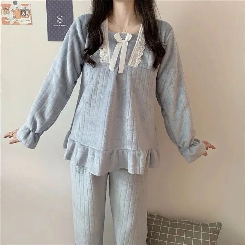 QWEEK Autumn Clothes Women Winter Pajamas Coral Fleece Solid Color Pijamas Ruffles Bow Sleepwear Flared Sleeves Pyjamas Room Set