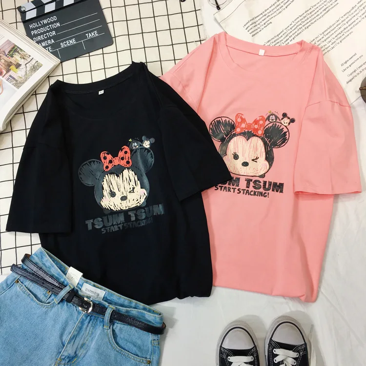 Женская летняя футболка с коротким рукавом и принтом Микки Маус|Тройники| |