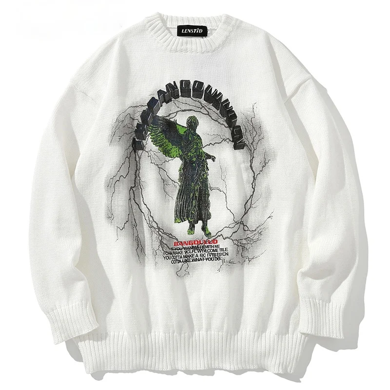 

LENSTID Men Hip Hop Knitted Jumper Sweaters Angel Lightning Printed Streetwear Harajuku Autumn Oversize Hipster Casual Pullovers