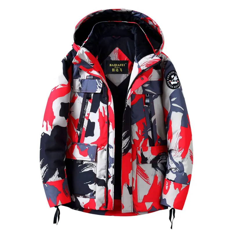 camouflage red Зимний мужской короткий пуховик корейский тонкий молодой с капюшоном Грузовой Камуфляж Печатный толстый теплый мужской пуховик - Цвет: camouflage red