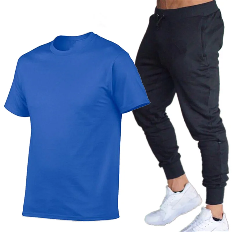 

2021 fashion casual sportswear summer solid color suit men's jogging suit men's T-shirt + jogging pants 2-piece set