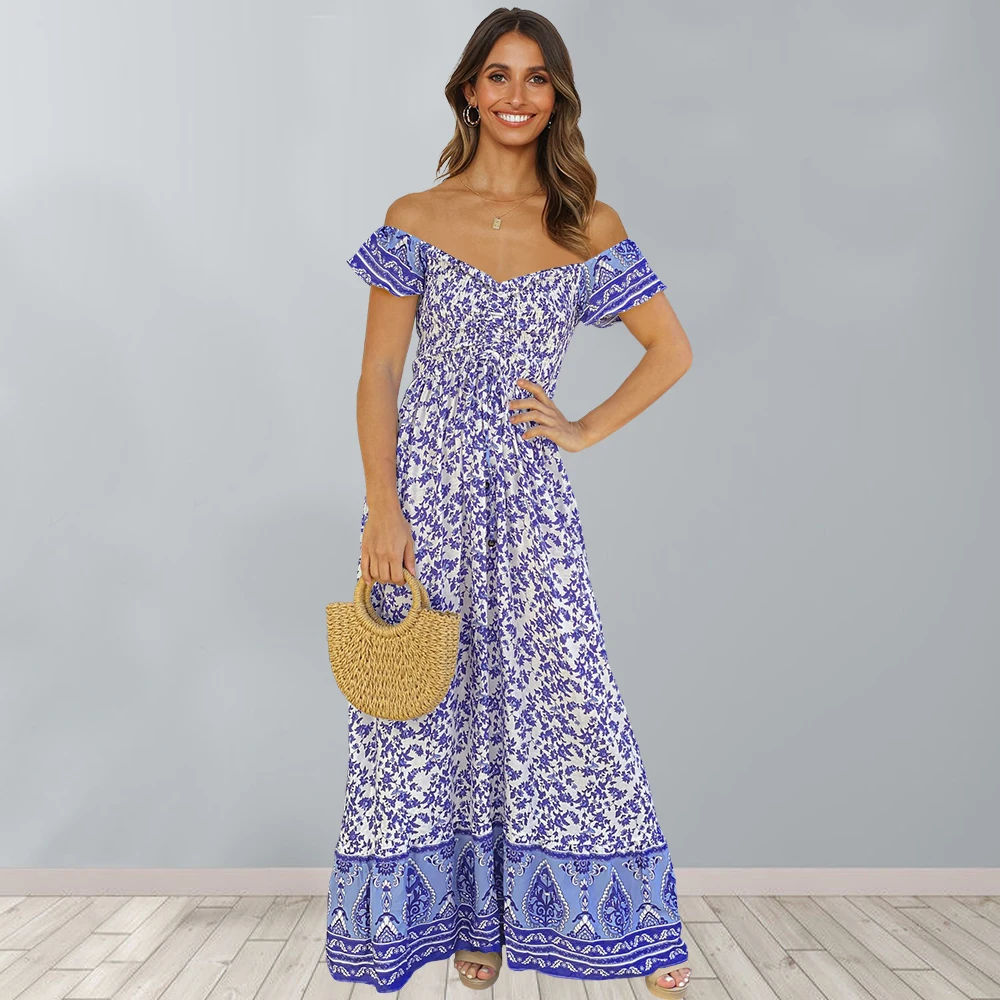 

Women Bohemian Off the Shoulder Flower Printed Sashes Ailine Dress Short Sleeve High Street Casual Dress For Women 2022 Summer