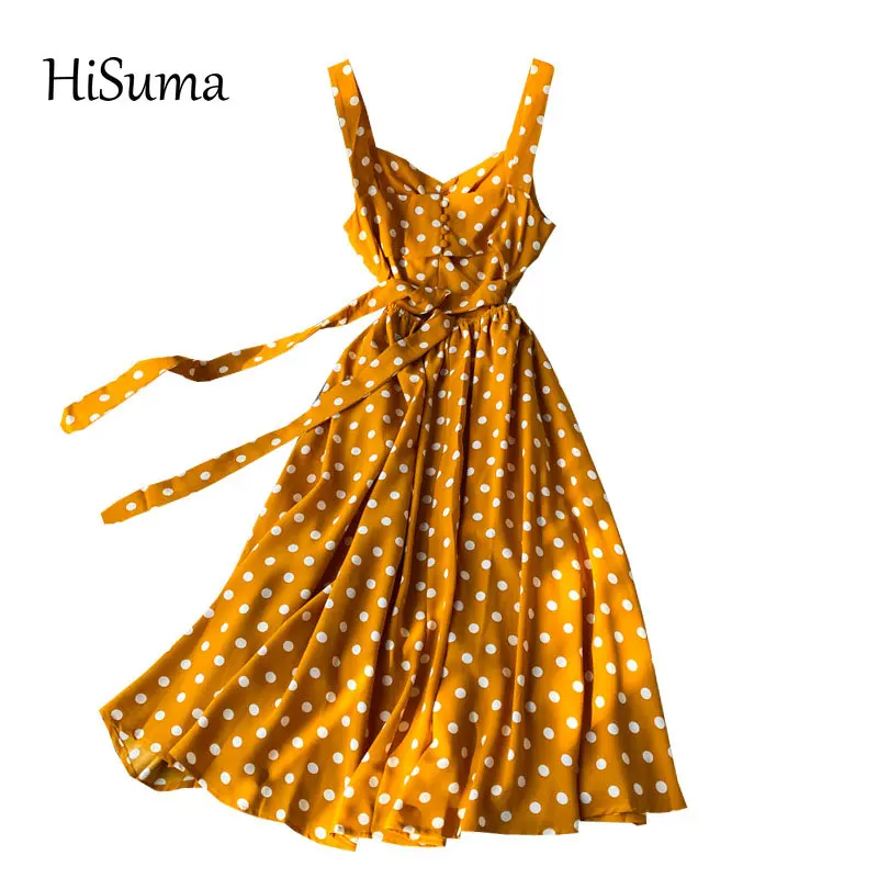 HISUMA 2020 летнее Новое Женское однобортное шифоновое платье в горошек с вырезами на