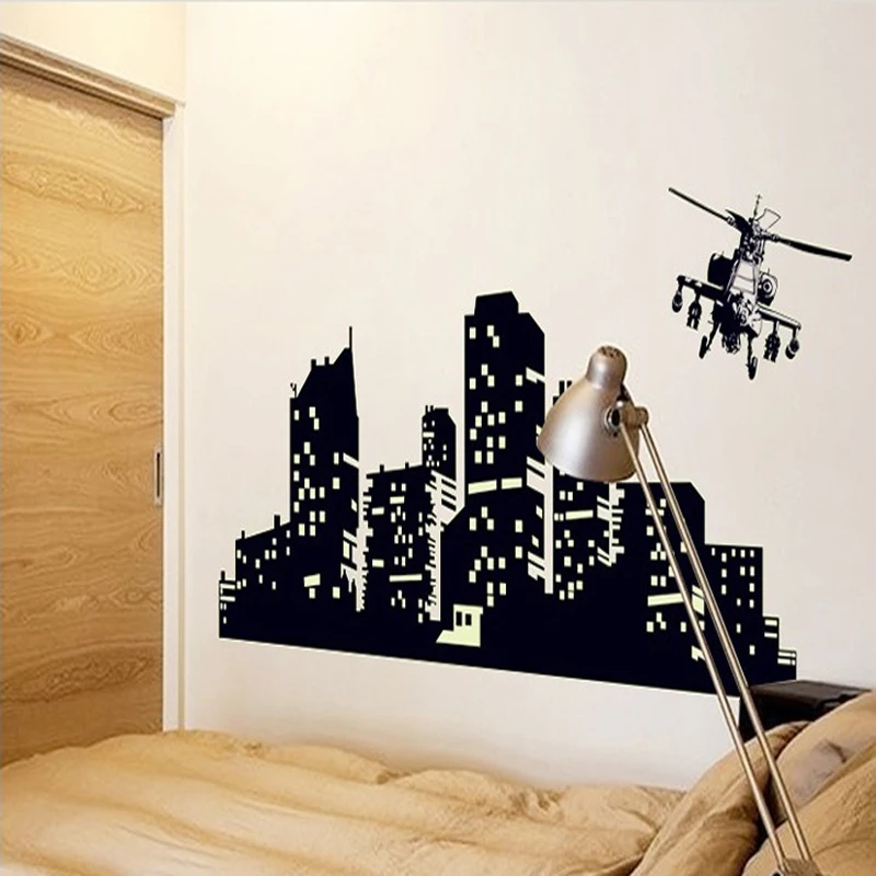 Большие флуоресцентные светящиеся виниловые настенные наклейки Город ночного