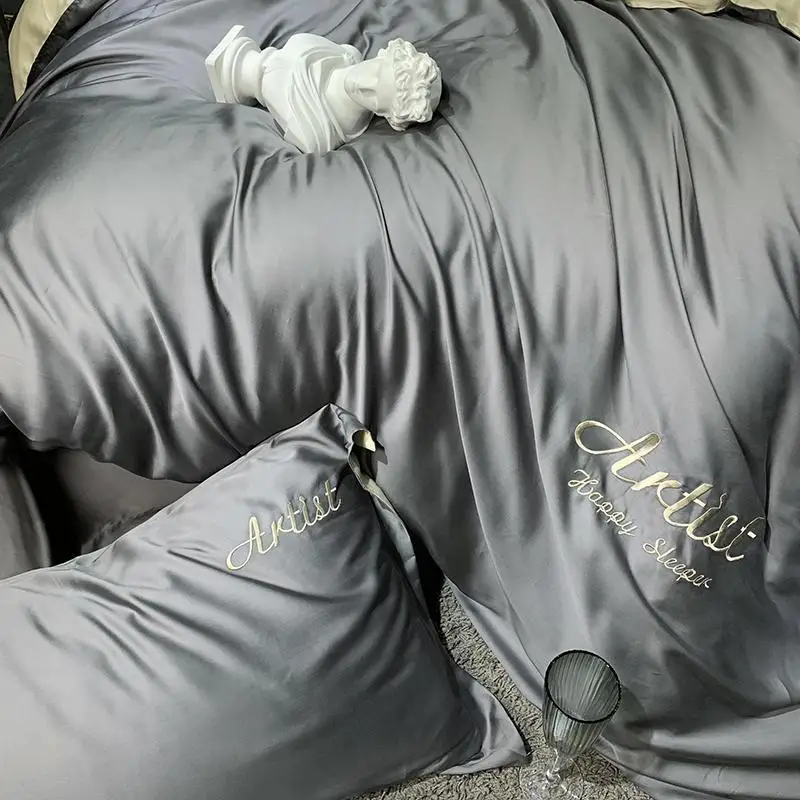 

J 2020 new 60S 100% silk duvet cover set gray bedding set 1 duvet cover 1 bed sheet 2 pillowcases king queen size