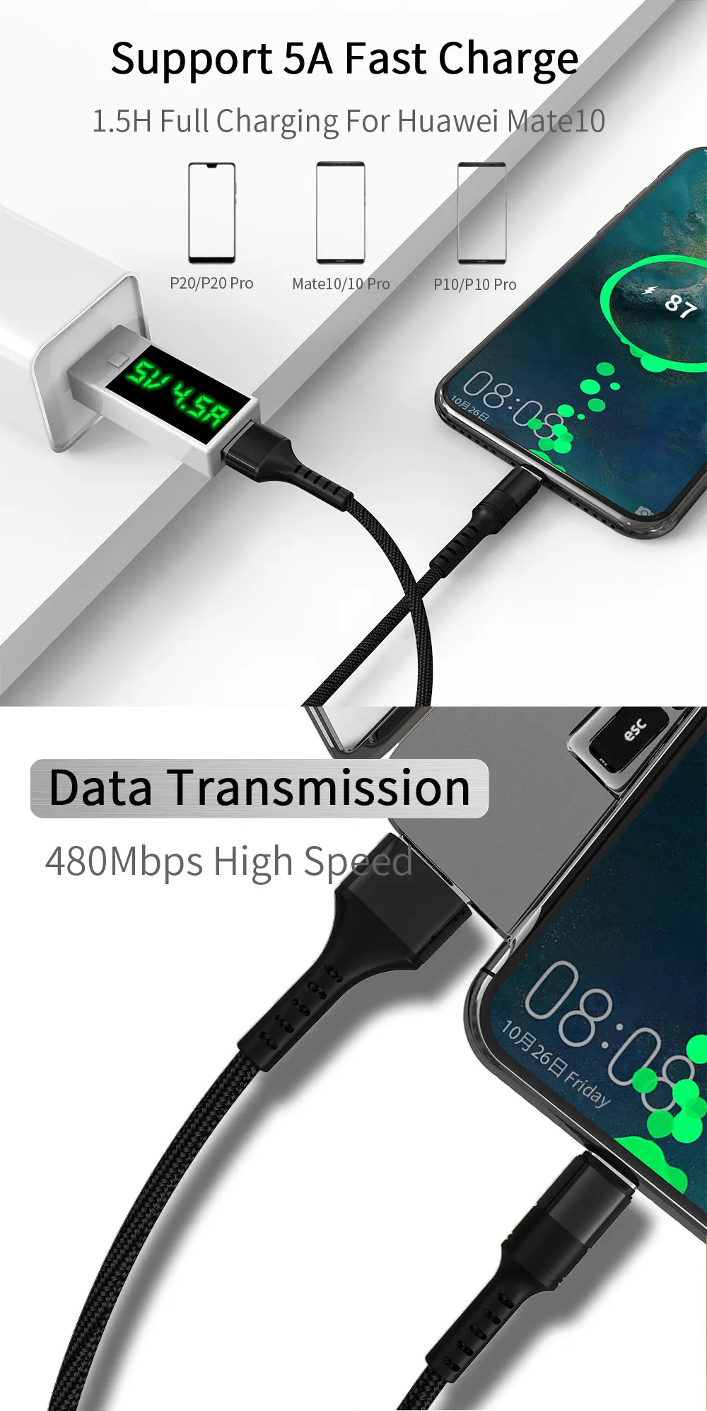 Кабель usb type-C для huawei mate 30 P30 P20 Pro Lite 5A шнур для быстрой зарядки samsung Xiaomi Redmi Note 7 USBC кабель type-C