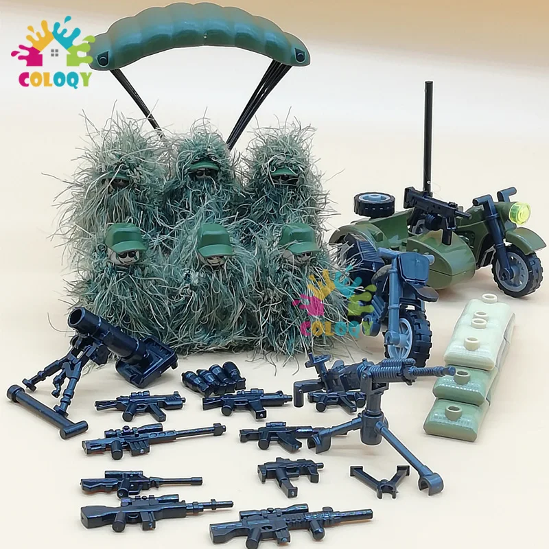

Kids Toys WW2 Green Special Army Soldier Figures Building Blocks Motobike Guns Weapon Accessories Bricks Toys For Children Gifts
