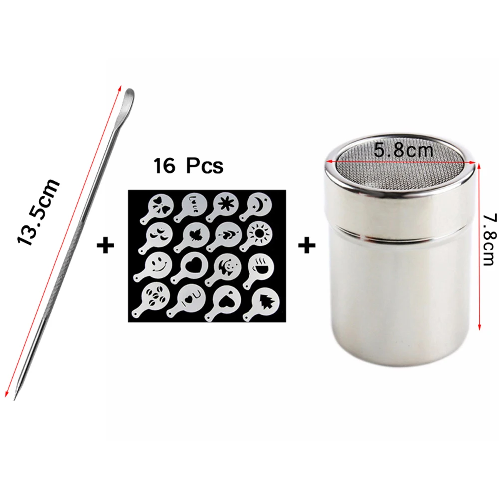 

1 Set Coffee Foam Latte Art Template Stencils Stainless Steel Needle Powder Duster with 16 Different Patterns for Home Office