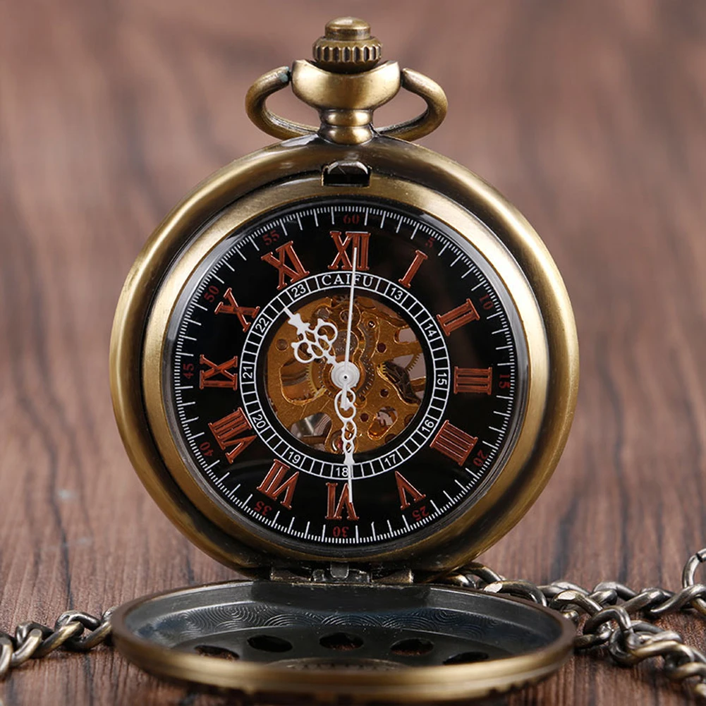Retro Bronze Hollow Circles Display Mechanical Hand Winding Pocket Watch Roman Numerals Luxury Manual Mechanical Timepiece Gift