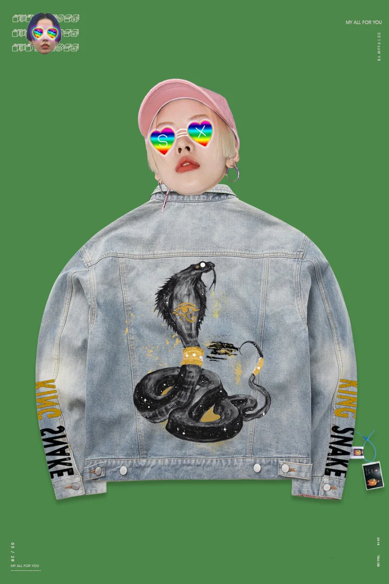 Bomb Coat Single-Breasted Hip hop creative hand drawn snake doodle vintage Fashion Unisex style denim jacketet |
