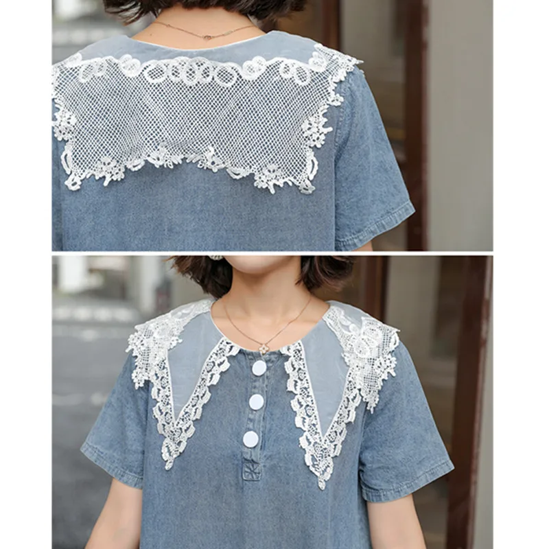 

Large Size Lace Patchwork Long Loose Denim Dresses With Ruffled For Women 2021 Summer Vintage Cowboy Dress Vestidos Female S142