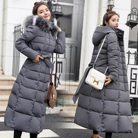 womens winter windproof padded long down alternative coat faux fur hood jacket with thicker belt and large fur collar