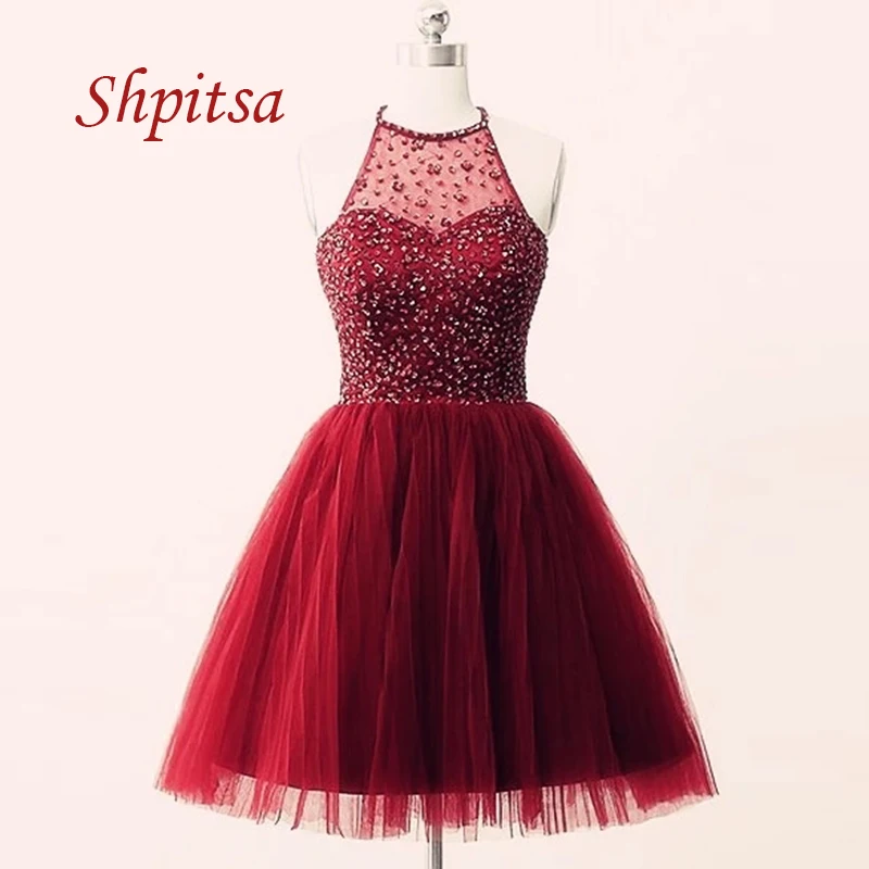 Sexy Luxury Crystals Short Homecoming Dresses Tulle Burgundy 8th Grade Prom Junior Cute Cocktail Graduation Formal Dresses