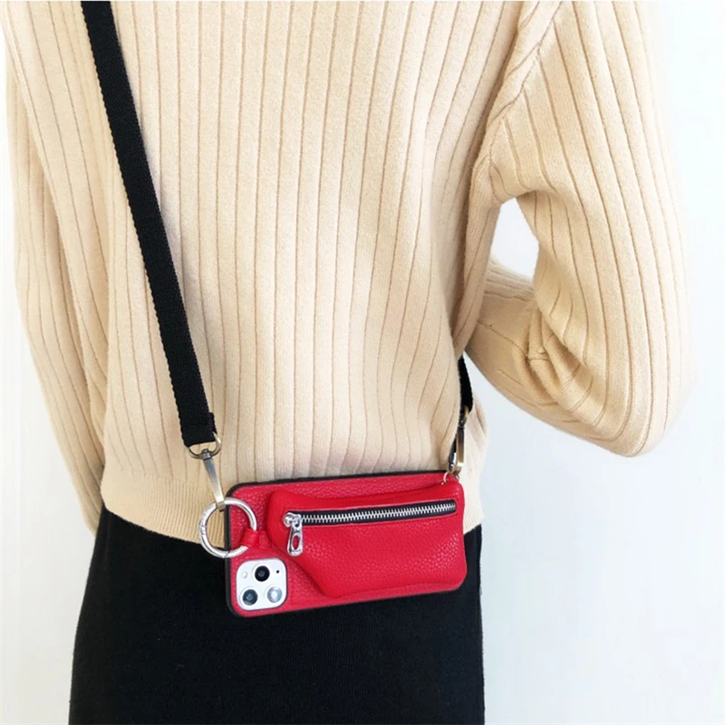 PU Leather Strap Cord Coin Purse Phone Cases for iPhone XR XS 1112mi 13 14PRO MAX 7 8PLUS SE Crossbody Neck Lanyard Wallet Cover