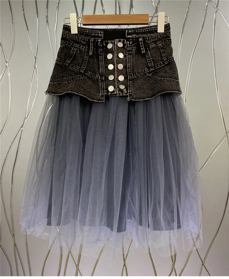 2021 Summer Fashion Skirts High Quality Brand Women Denim Patchwork Studs Button Deco Mid-Calf Sexy Tulle Mesh Skirt Grey Black