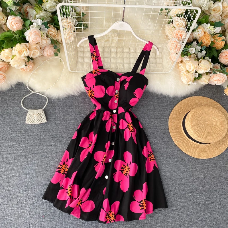 

Women's Holiday Style Floral Spaghetti Strap Dress Summer New Breasted Waist Slimming Sexy Spaghetti Strap A-line Dress ML1023