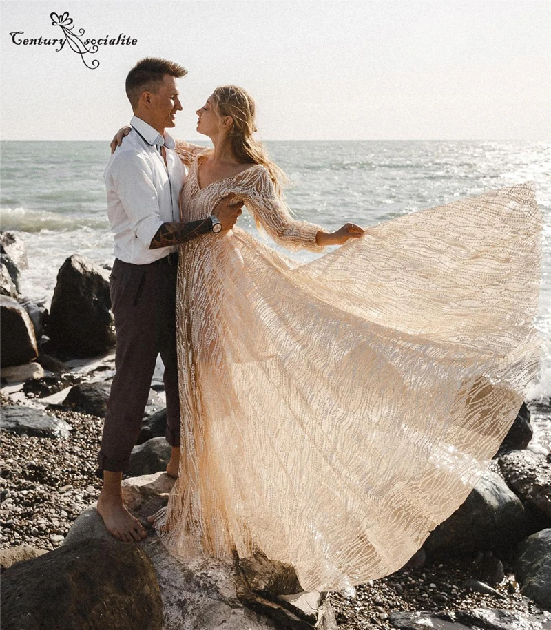 

Champagne Sparkle Wedding Dresses Boho Long Sleeve V-Neck Backless Bohemian Bridal Gowns Plus Size Vestidos De Novia