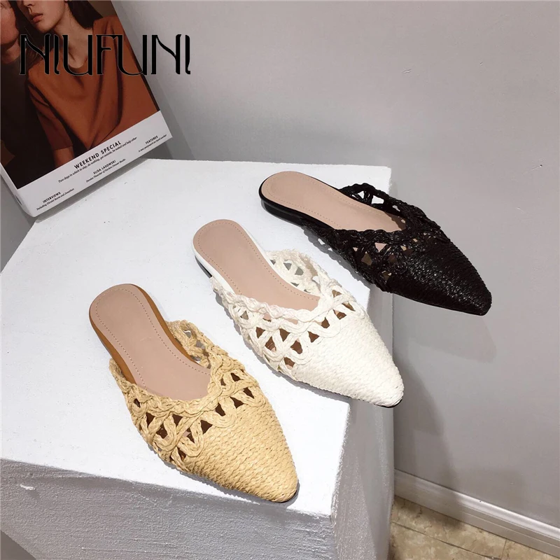 

2021 Half Baotou Women's Slippers Flat Rattan Grass Weave Pointed Toes Women's Shoes Casual Comfortable All-Match Sandals Hollow