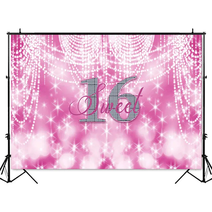 Sweet Sixteen Birthday Backdrop Pink Glitter Light Background for Photo Studio White Studio On.