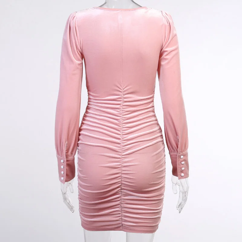 

Trendy Criss-cross Knot Casual Women Velvet Dress Slim Waist Ruched Good Stretch Velvet Long Sleeve Dress