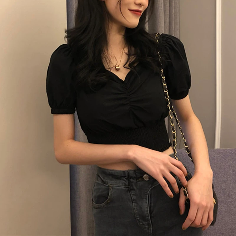 

Женский топ с высокой талией, блузка с коротким рукавом-пузырьком и V-образным вырезом, облегающие футболки, дышащая A66