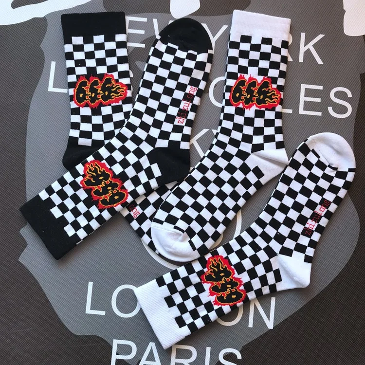 Adult Size Mid Calf Crew Socks Orange Fire 666 Three Six Flame Check Chequered International Chess Black White Lattice Creative |